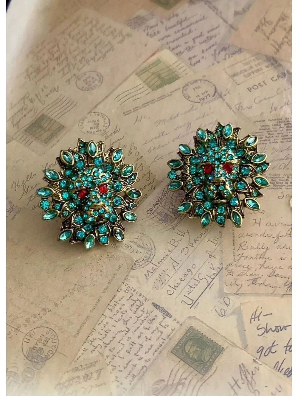 Sparkling Lion Head Clip-On Earrings with Turquoise & Red Rhinestones
